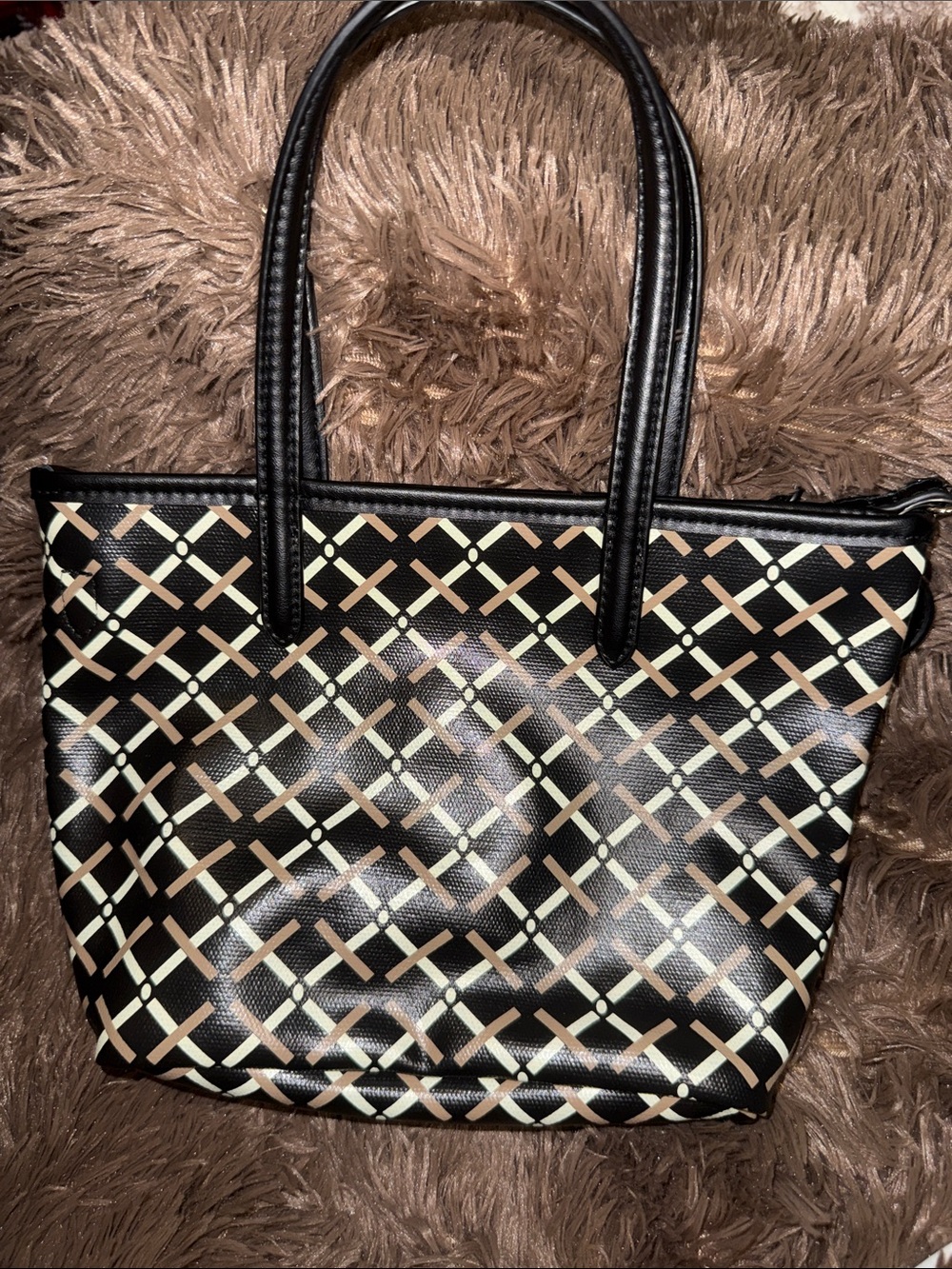 a new day Black Tote with Beige and Cream Lattice